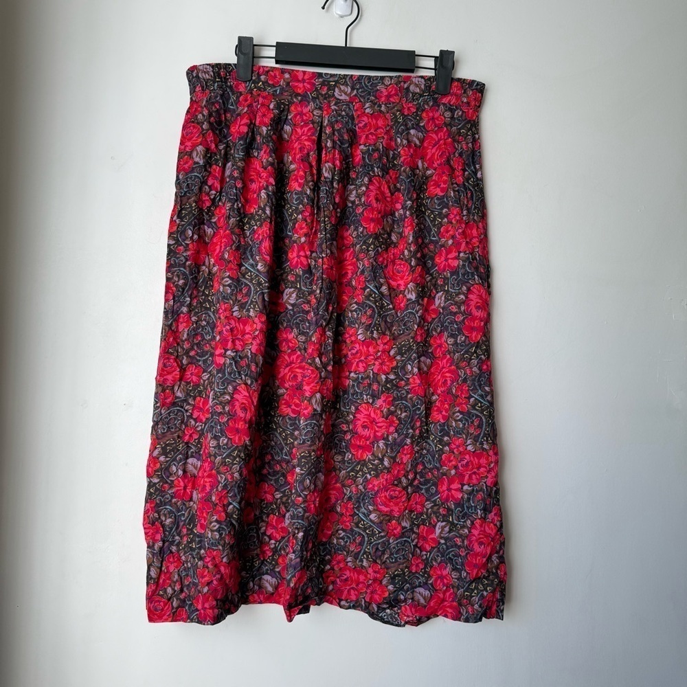 Vintage 80s Norton McNaughton Black Pink Floral Midi Skirt 6